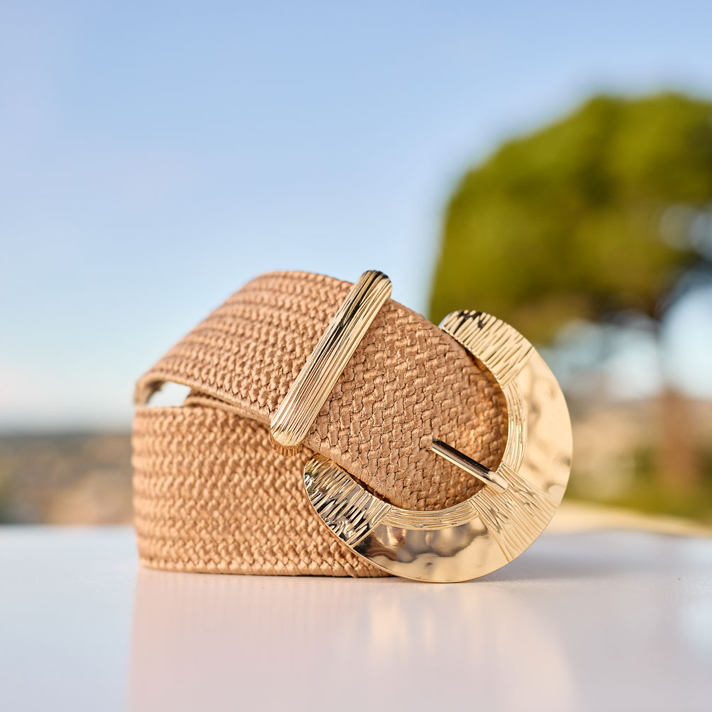 ceinture Alba textile élastique camel boucle or