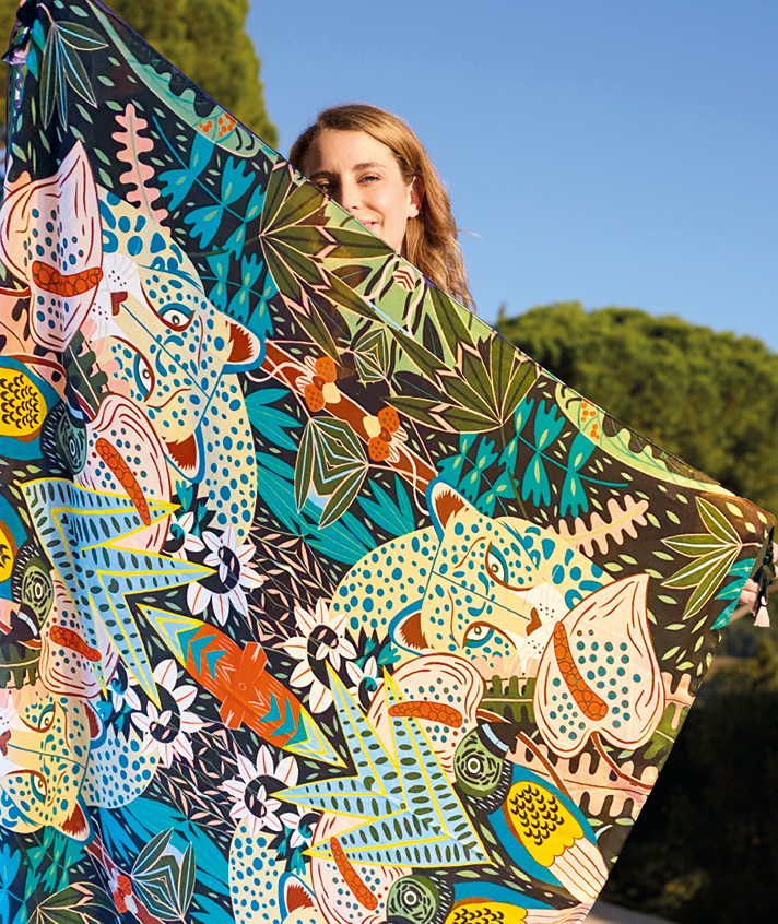 foulard Jungle coton kaki et motifs colorés
